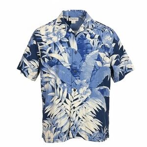 Tommy Bahama Blue Tropical Floral 100% Silk Button-Up Shirt | Size Large